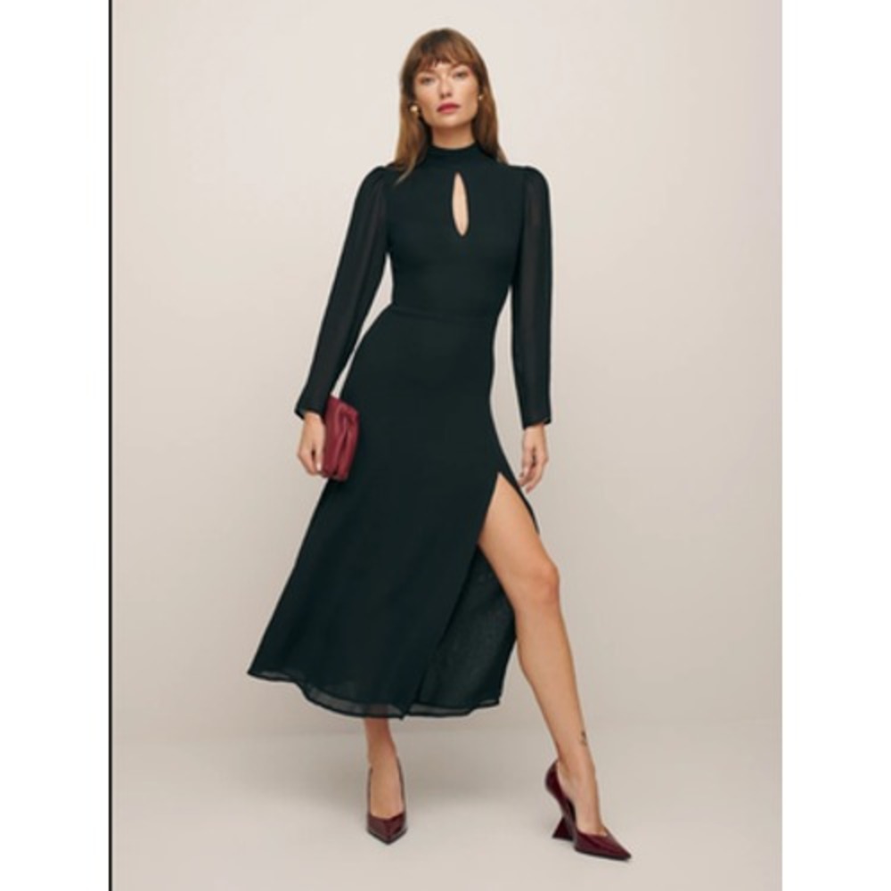 Reformation Dress Womens 4 Black Castalia Midi Formal Crepe Witchy NEW